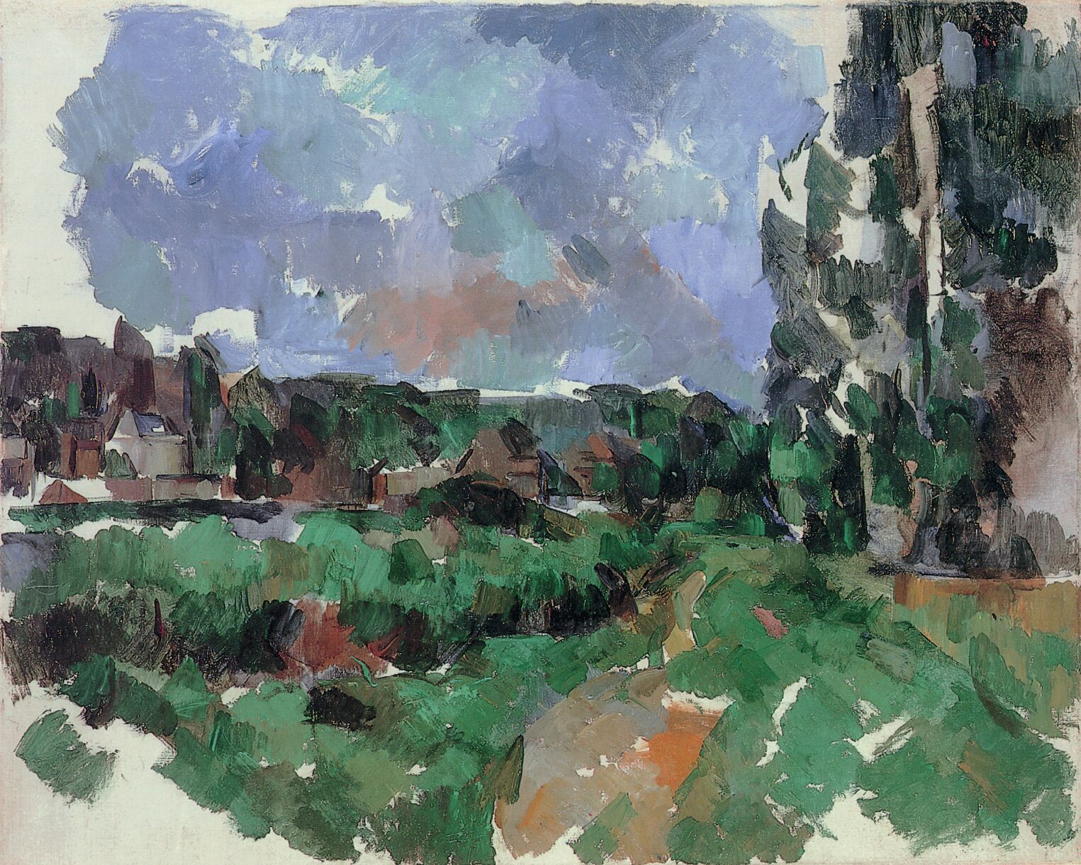 Paul Cézanne, Paysage au bord d’une rivière, vers 1904, huile sur toile exposée dans le cadre de l’exposition “Monet Cézanne Matisse, la collection Scharf” au Kunstpalast de Düsseldorf ©The Scharf Collection, Photo: Ruland Photodesign
